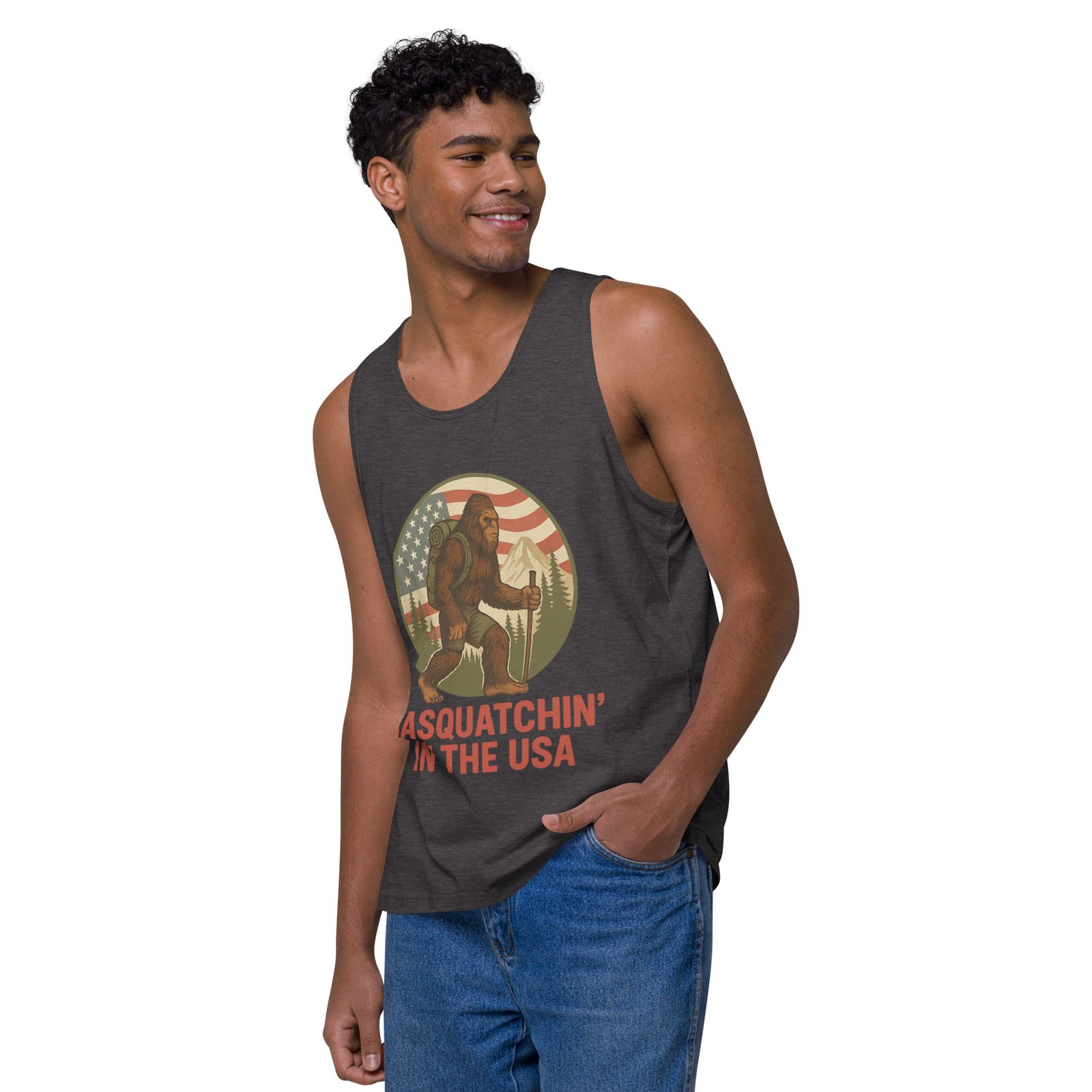 Bigfoot - Sasquatchin In The USA - Cotton Heritage MC1790 - Men's Premium Tank - Image 4